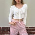 Women’s Ivory Ruched Lace Up V Neck Top