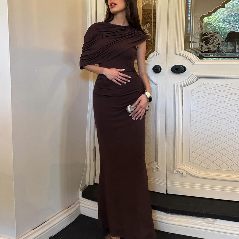Women's Women Clothing Summer Oblique Shoulder Design Skinny Sheath Pleated Irregular Asymmetric Dress