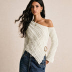 Women's French Texture Oblique Shoulder Bell Sleeve Top Women Irregular Asymmetric Hem Waist Controlled Slimming Long Sleeve T Shirt