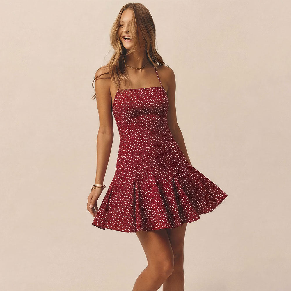 Women's Wine-Red Polka-Dot Mini Dress