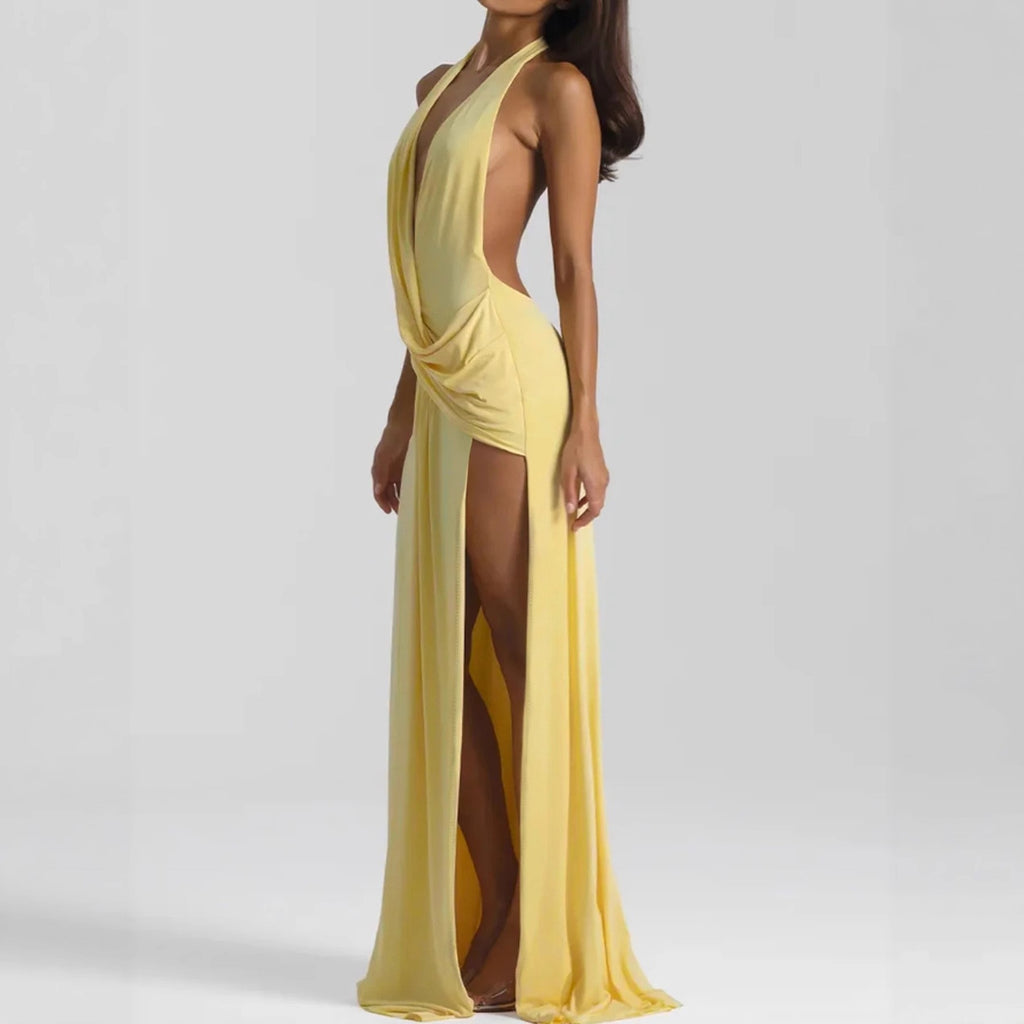 Women's Backless Halter Ruched Maxi Dress