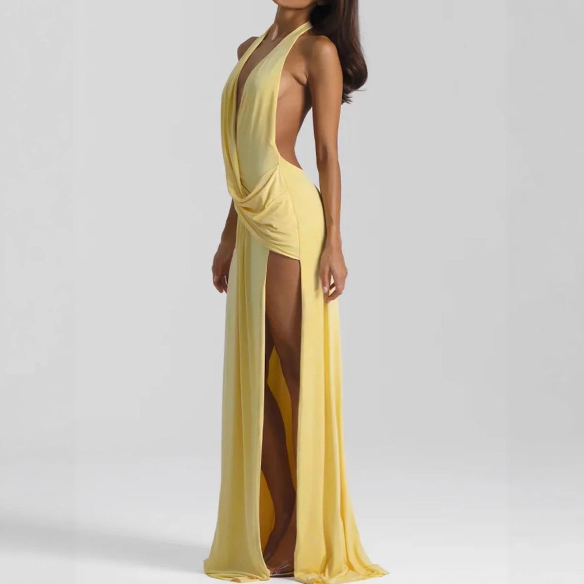 Women's Backless Halter Ruched Maxi Dress