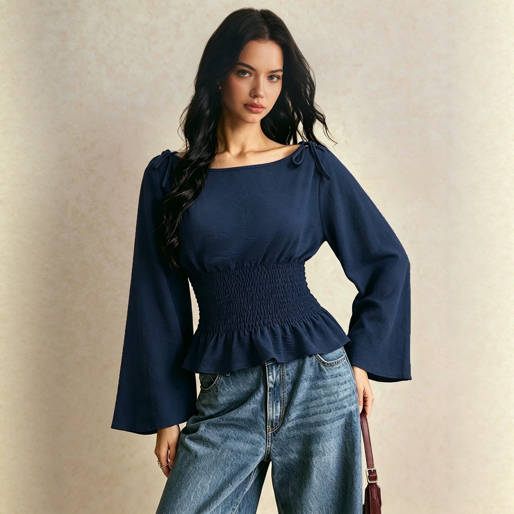 Women's Off-Shoulder Tie-Neck Flared-Sleeve Top