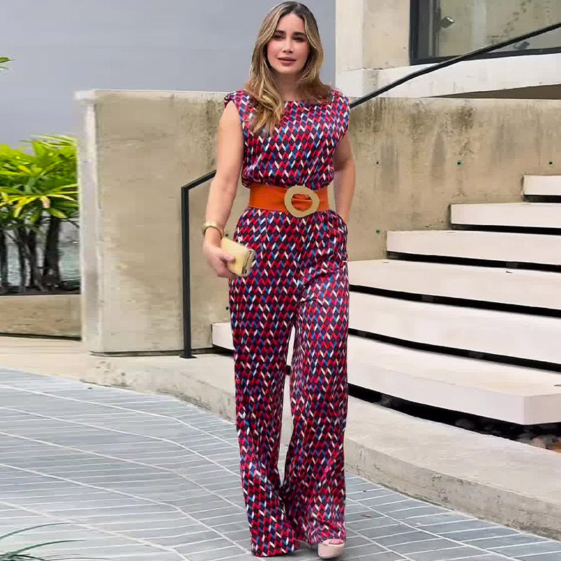 Design Sleeveless Diamond Plaid Slim Fit Wide Legged Pants One Piece