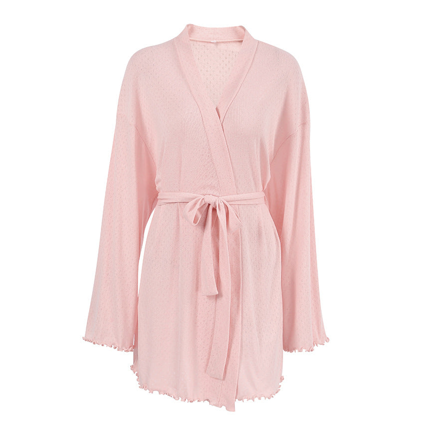 Autumn Winter Knitted Jacquard Breathable Bathrobe Long Sleeved Cardigan Lace up Nightgown Warm Comfortable Homewear Women