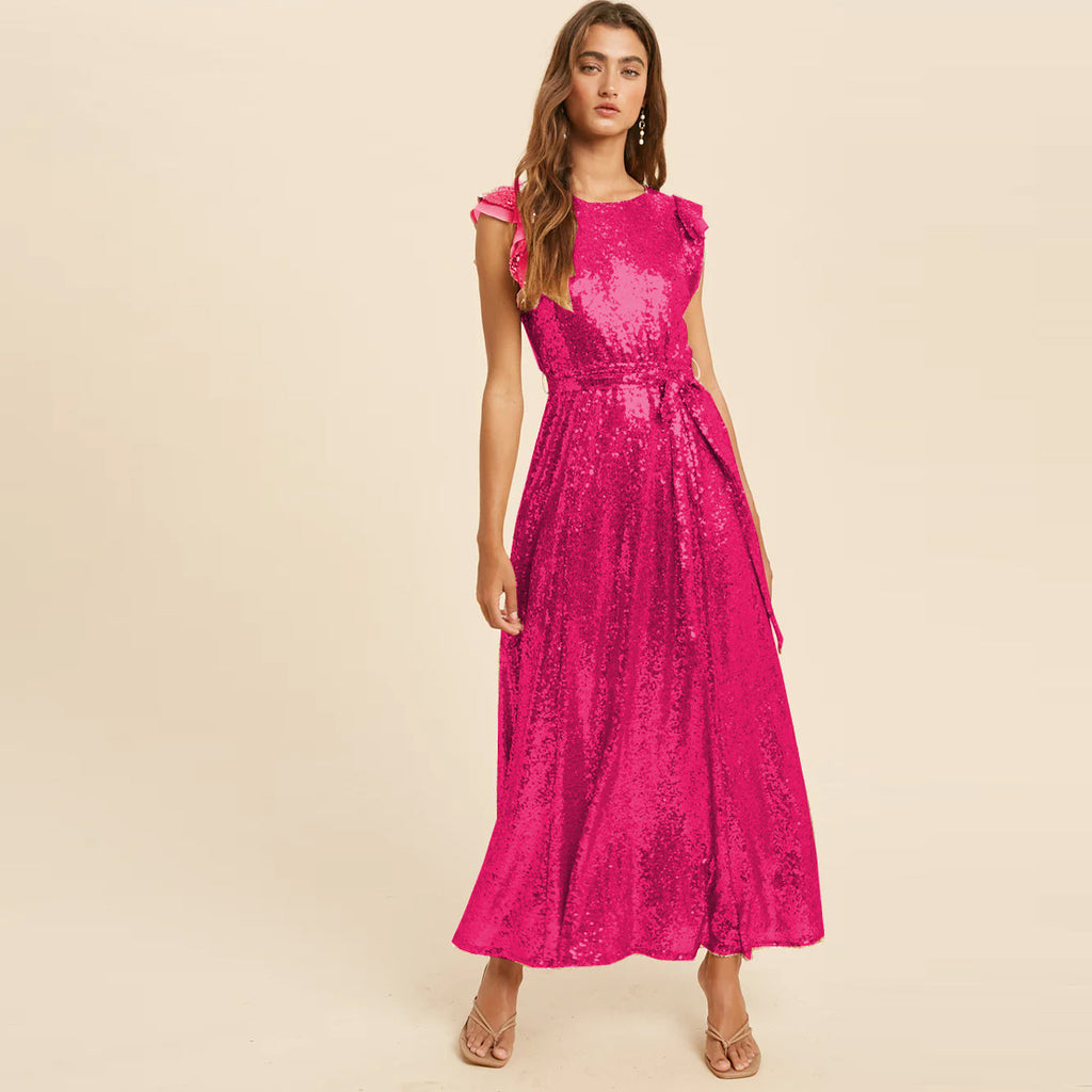 Women's Sequin Dress Sleeveless Belt Round Neck Midi Party Cocktail