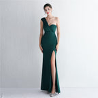 Women's Satin Slim Fit One-Shoulder Long Debutante Gala Dinner Slim Fit Dress
