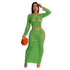 Women’s sequined knit two-piece set, long-sleeve crop top and midi skirt, bright green