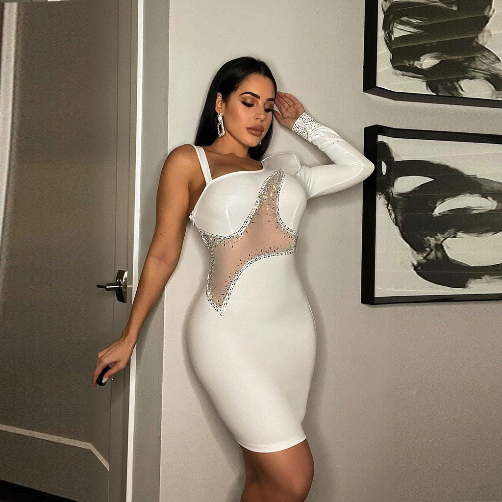 Women's Mesh Rhinestone Long-Sleeve Bodycon Mini Dress