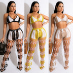 Hollow Out Cutout See Through Beach Fishnet Color Matching Hand Crochet Suit Two-Piece Set
