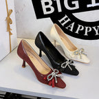 Women's Square-Toe Slip-On High Heels With Rhinestone Ribbon Bow