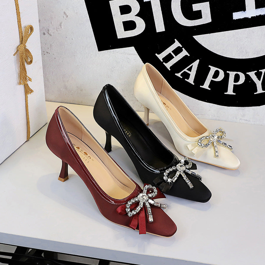 Women's Square-Toe Slip-On High Heels With Rhinestone Ribbon Bow