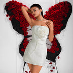 Women's Strapless Three Dimensional Floral Jacquard White Dress Tight Waist