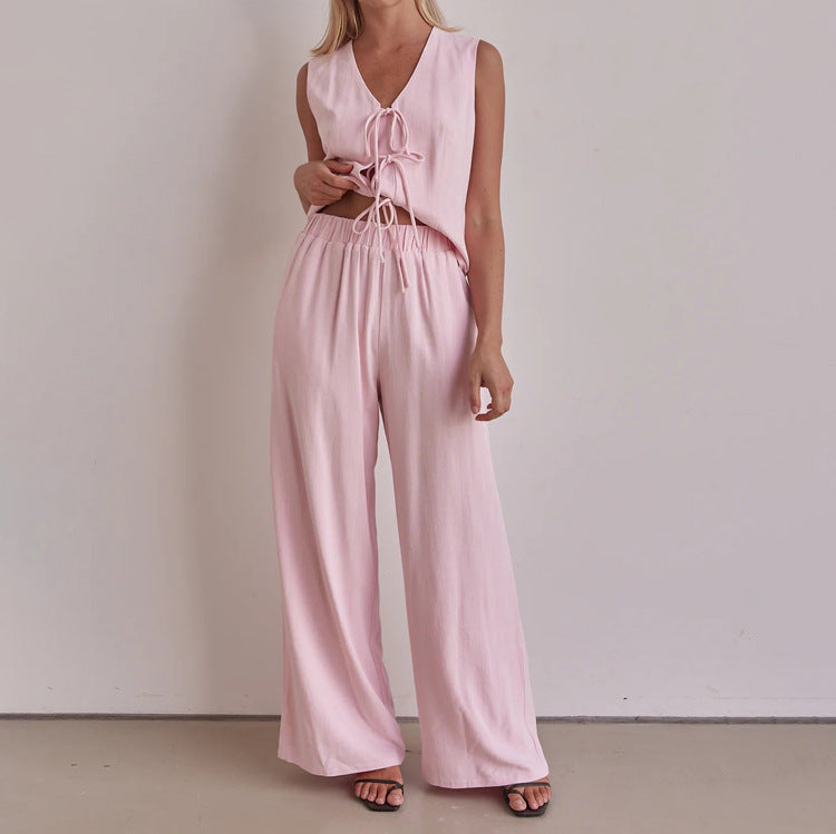 Sleeveless Vest Lace up Top Loose Trousers