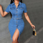 Collared Button-Front Belted Denim Bodycon Midi Dress