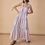 Women's Sling Vacation Double Shoulder Lace Up Striped Dress