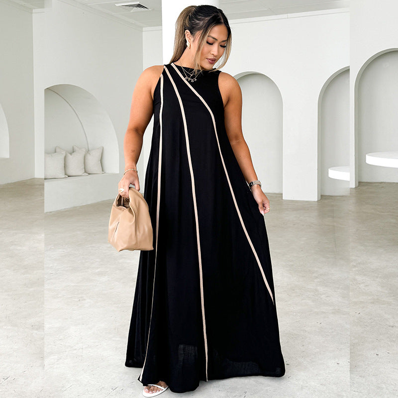 Solid Color Patchwork Stripes Simple Sleeveless Loose Dress