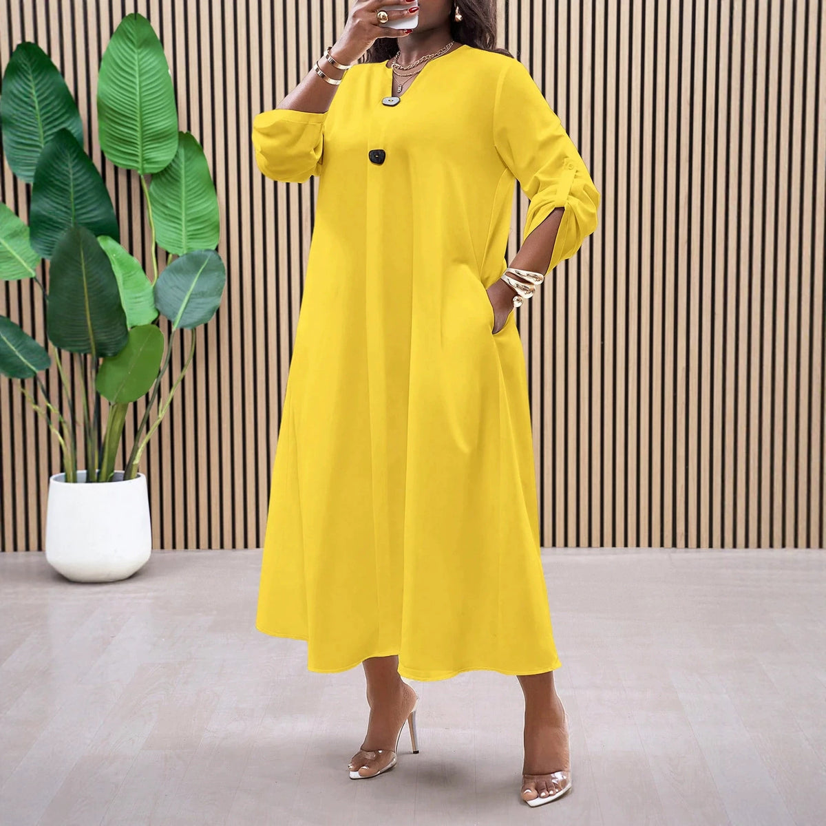 Women's Plus Size V Neck Button Front Long Sleeve Dress