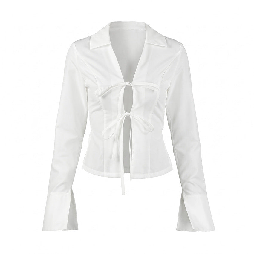 Sexy White Shirt Women Lace up Waist Controlled Long