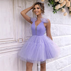 Sweet Sling Deep V Plunge neck Mesh Shirt Party Dress