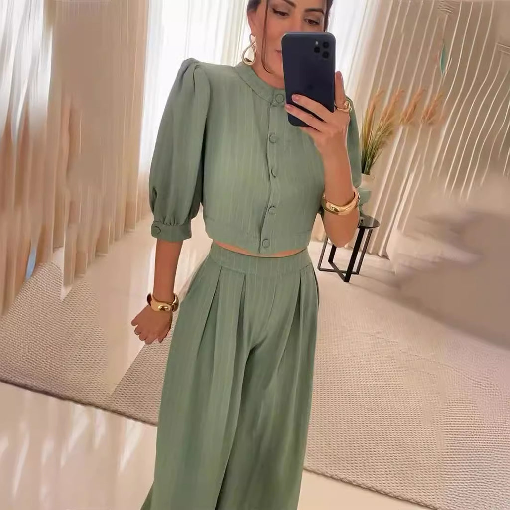 Striped Half-Sleeve Top & Trousers Set