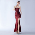 Women's Embellished Shrink Fold Wrinkle Simple Retro Strapless Evening Dress