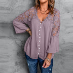 Women's Shirt Solid Color V Neck Single Breasted Shirt Long Sleeve