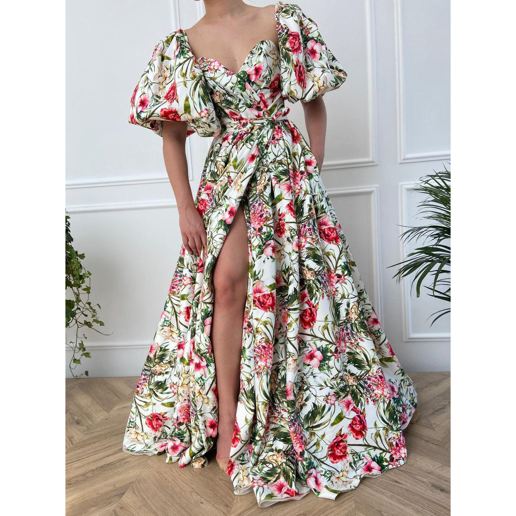Floral V-Neck Puff-Sleeve Split A-Line Maxi Dress