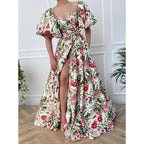 Floral V-Neck Puff-Sleeve Split A-Line Maxi Dress