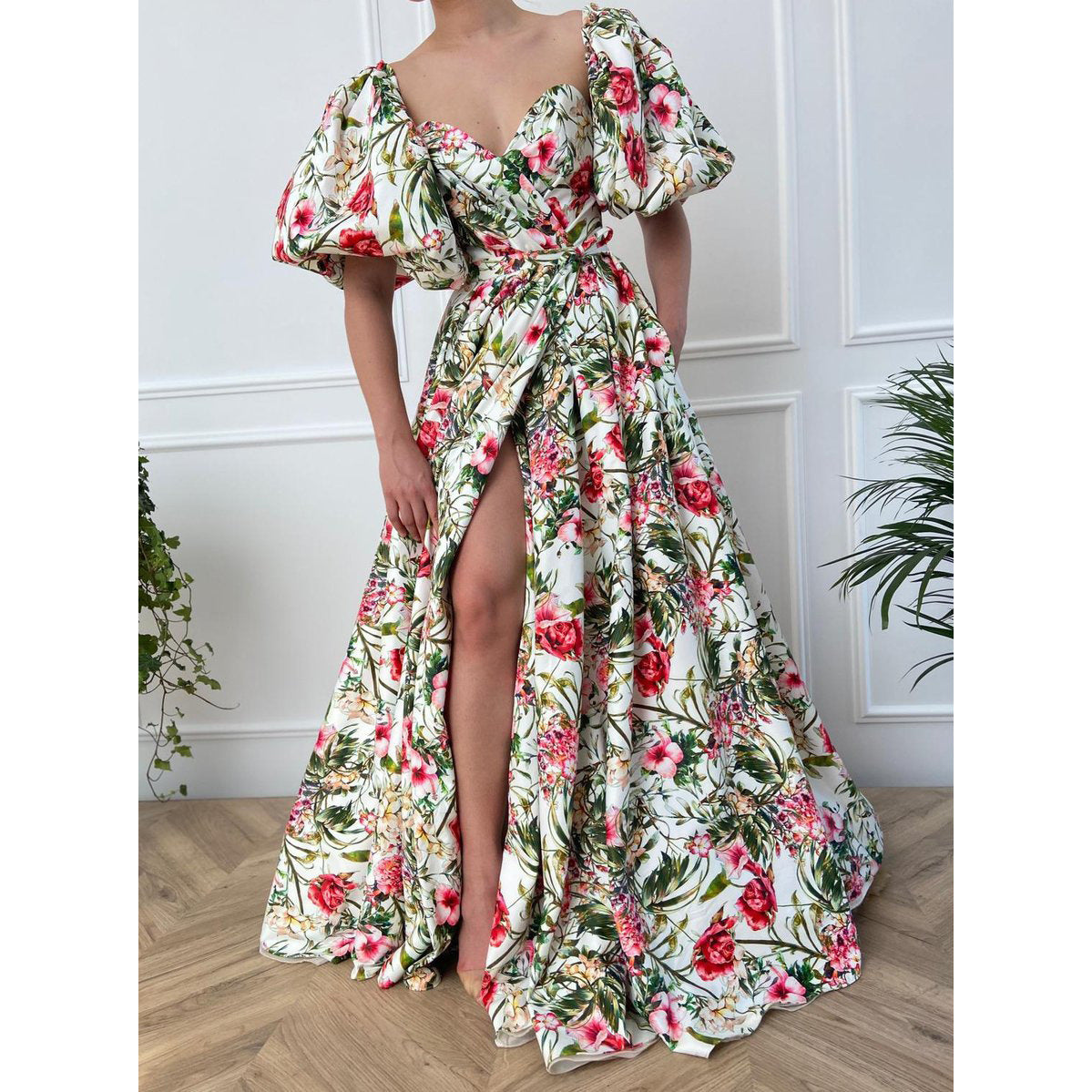 Floral V-Neck Puff-Sleeve Split A-Line Maxi Dress