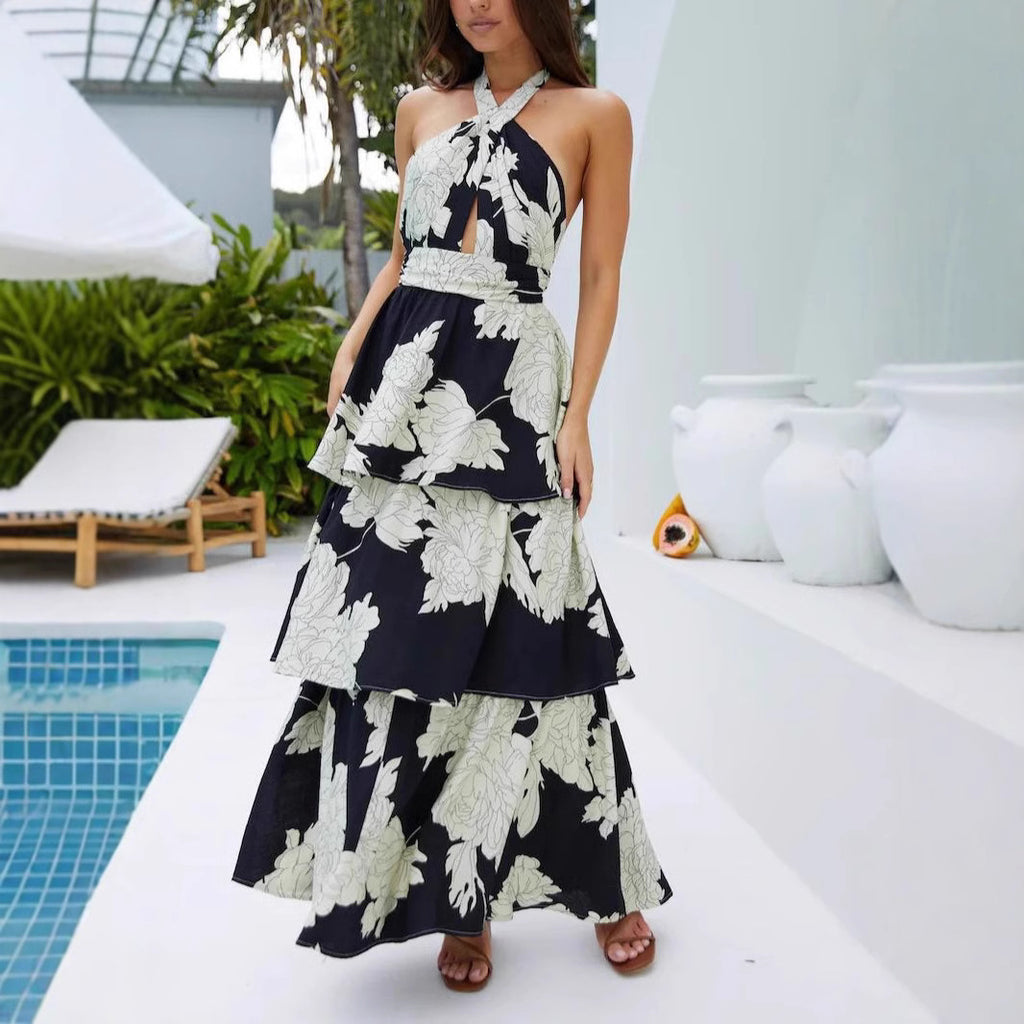 Women's Spring Summer Women Clothing Sexy Print Tiered Dress Lace Up Maxi Dress