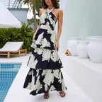 Women's Spring Summer Women Clothing Sexy Print Tiered Dress Lace Up Maxi Dress