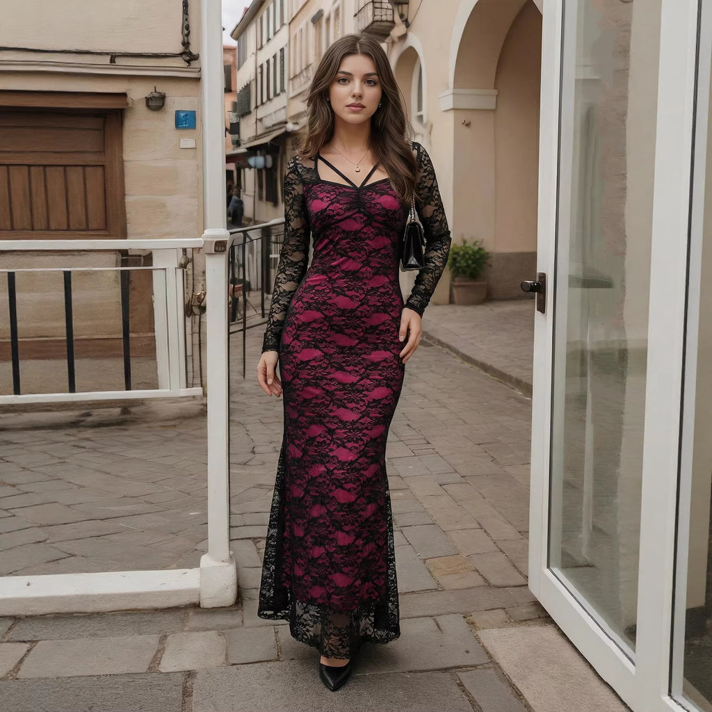 Women's Floral Lace Long Sleeve Bodycon Maxi Dress