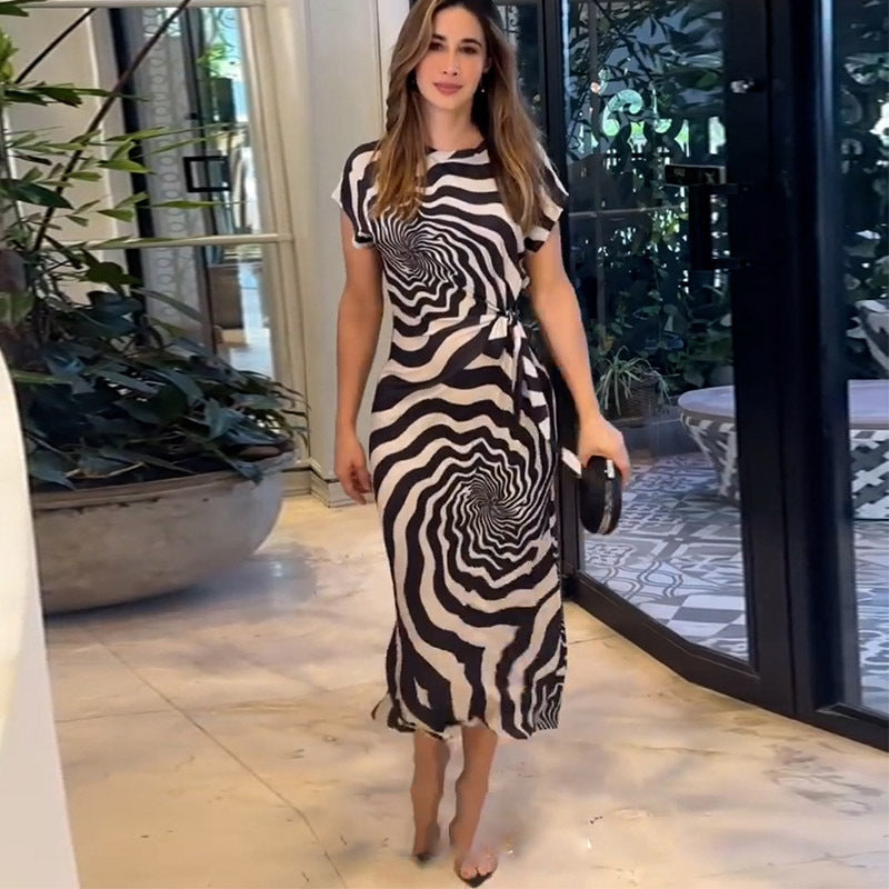 Short Sleeve Lace-Up Side Slit Zebra Pattern Slim Maxi Dress
