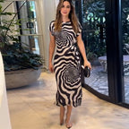 Short Sleeve Lace-Up Side Slit Zebra Pattern Slim Maxi Dress