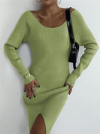 Crew-Neck Long-Sleeve Split Knit Bodycon Maxi Dress
