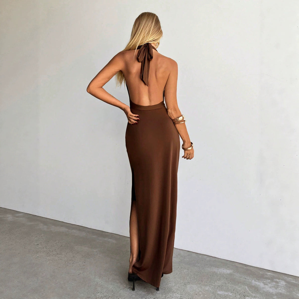 V Neck Halter Dress Lace Up Backless Waist Tight Slit Sheath Dress