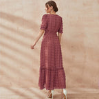 V-Neck Puff Short-Sleeve High-Waist Solid-Color Dress