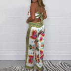 Sexy Printing Positioning Satin Sling Top Trousers Suit