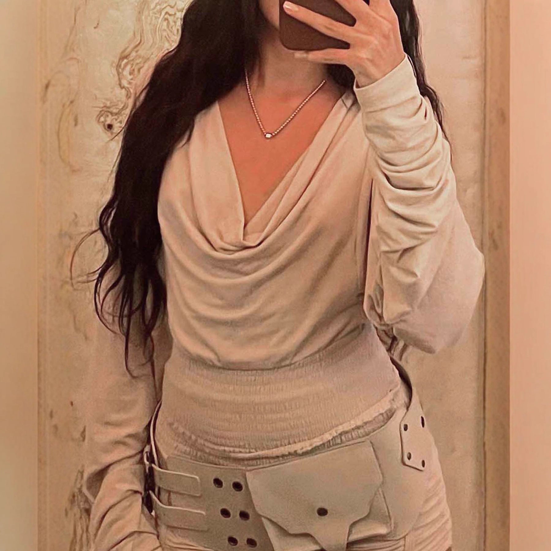 Retro Swing Collar Backless Long Sleeve Top