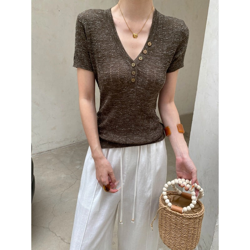 Women's Linen Half-Button V-Neck Sweater