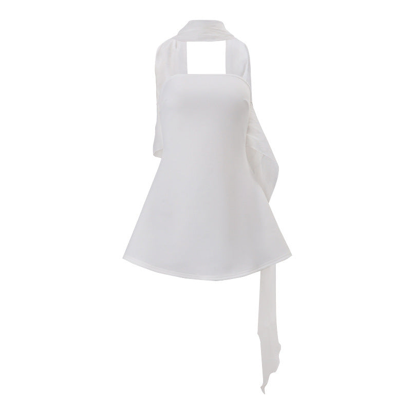 Autumn French Wind Ribbon Strapless Solid Color Dress For