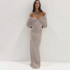 Maxi spring dress in light gray with off-shoulder draped neckline and slim column skirt
