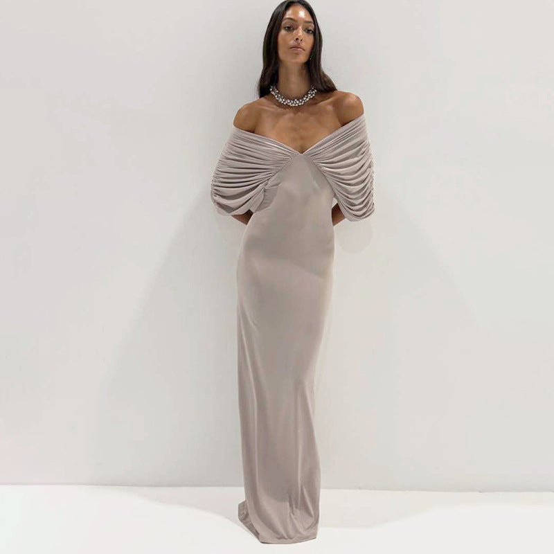 Maxi spring dress in light gray with off-shoulder draped neckline and slim column skirt