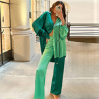 Spring Summer Satin Colorblock Oversized Shirt Casual Straight Pants Two-Piece Set