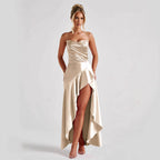 Backless High-Slit Spaghetti-Strap Formal Dress
