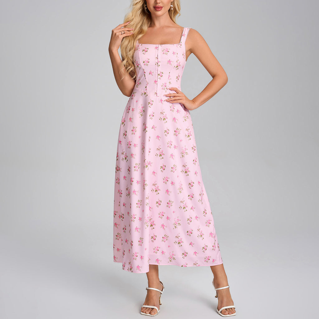Women's Printed Square-Neck Lace-Up Vacation Dress