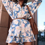 Blue Background Floral Print Shirt Outfit Women Summer