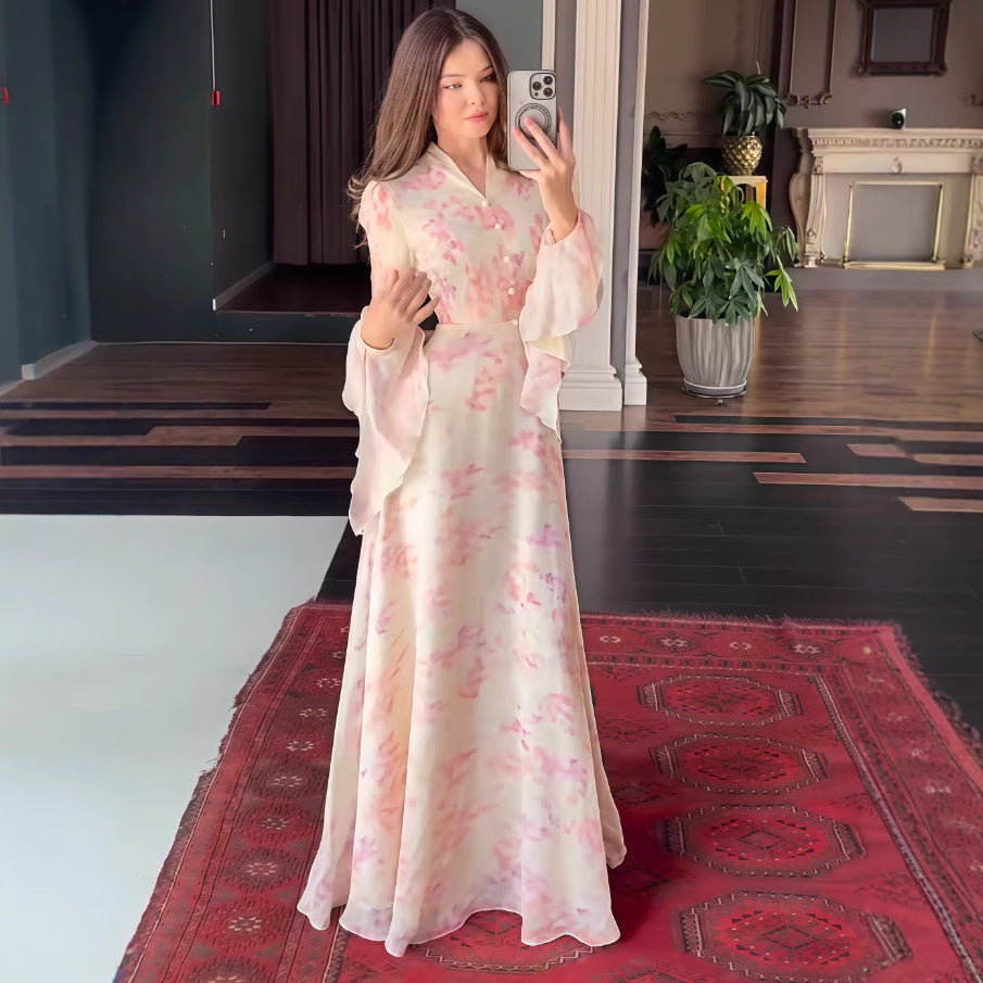 Print Slim Fit Flared Sleeves Long Sleeve Dress