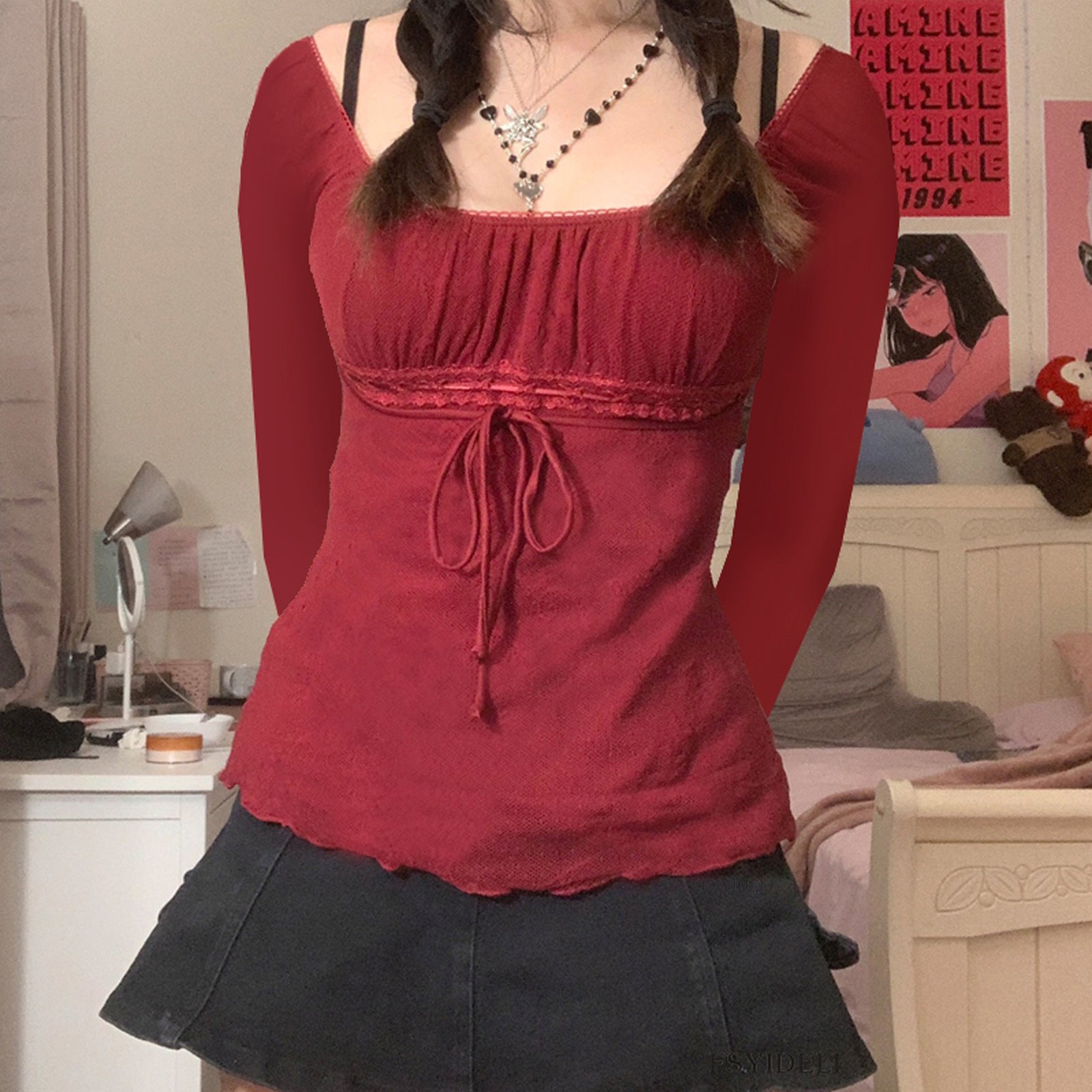 Gauzy Lace Long Sleeve Bow Waist Top